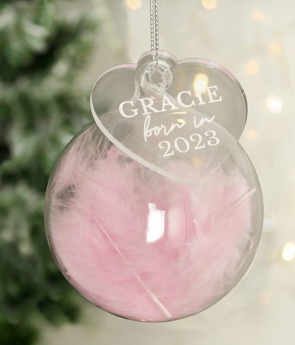 Personalised Born In Pink Feather Glass Bauble With Heart Tag - ItJustGotPersonal.co.uk