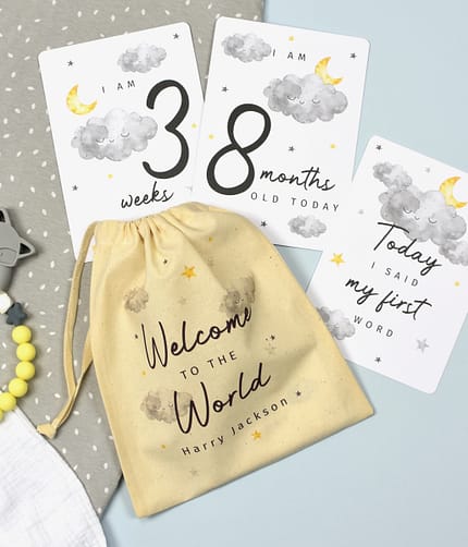 Personalised Cloud Baby Milestone Cards In Drawstring Bag - ItJustGotPersonal.co.uk