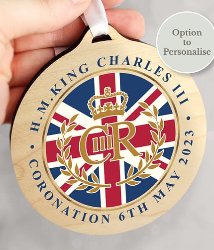 King Charles III Union Jack Coronation Commemorative Round Wooden Decoration - ItJustGotPersonal.co.uk