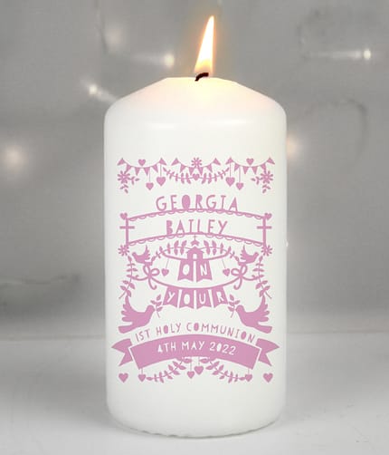 Personalised Pink Papercut Style Pillar Candle - ItJustGotPersonal.co.uk