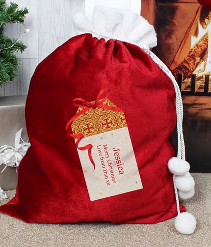 Personalised Gift Tag Luxury Pom Pom Red Sack - ItJustGotPersonal.co.uk