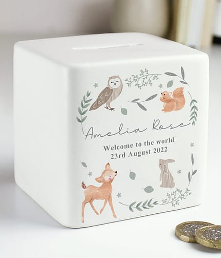 Personalised Woodland Animals Ceramic Square Money Box - ItJustGotPersonal.co.uk