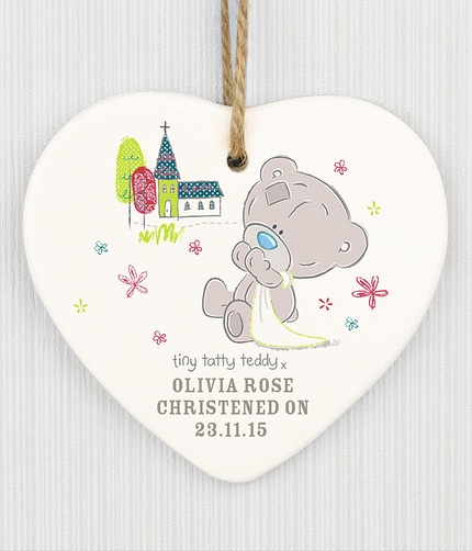 Personalised Tiny Tatty Teddy Christening Ceramic Heart Decoration - ItJustGotPersonal.co.uk