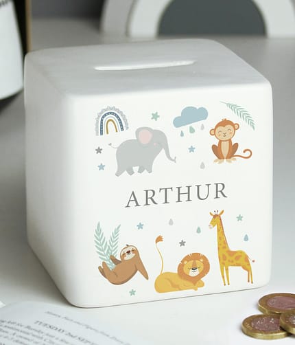 Personalised Safari Animals Ceramic Square Moneybox - ItJustGotPersonal.co.uk