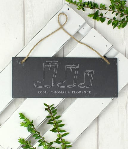 Personalised Welly Boot Family of Three Hanging Slate Plaque - ItJustGotPersonal.co.uk