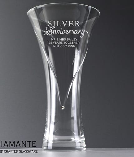 Personalised Silver Anniversary Large Hand Cut Diamante Heart Vase - ItJustGotPersonal.co.uk