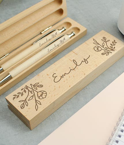 Personalised Floral Wooden Pen and Pencil Set - ItJustGotPersonal.co.uk