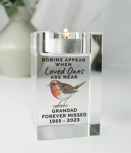 Personalised Robin Memorial Glass Tealight Holder - ItJustGotPersonal.co.uk