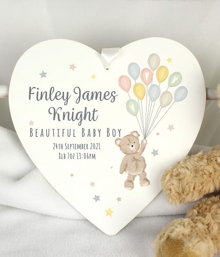 Personalised Teddy & Balloons White Wooden Heart - ItJustGotPersonal.co.uk