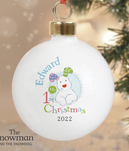 Personalised The Snowman and the Snowdog My 1st Christmas Blue Bauble - ItJustGotPersonal.co.uk