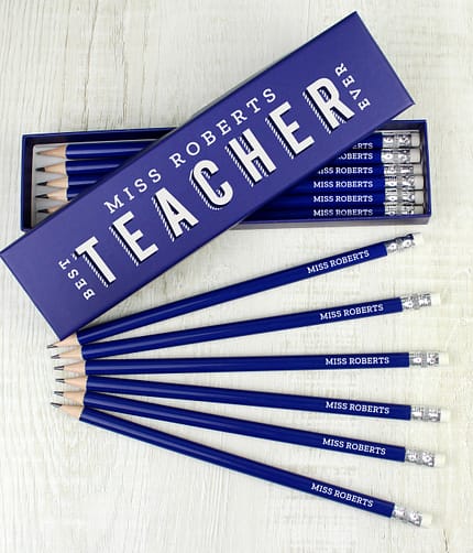 Personalised Best Teacher Ever Box and 12 Blue HB Pencils - ItJustGotPersonal.co.uk