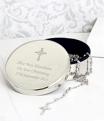 Personalised Rosary Beads and Cross Round Trinket Box - ItJustGotPersonal.co.uk