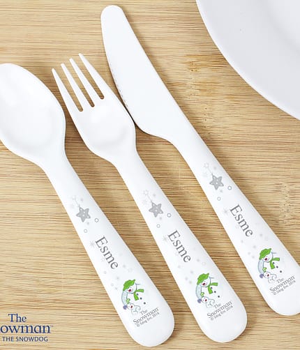 Personalised The Snowman and the Snowdog 3 Piece Plastic Cutlery Set - ItJustGotPersonal.co.uk