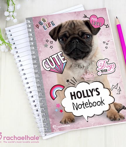 Personalised Rachael Hale Doodle Pug A5 Notebook - ItJustGotPersonal.co.uk
