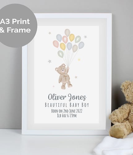 Personalised Teddy & Balloons A3 White Framed Print - ItJustGotPersonal.co.uk
