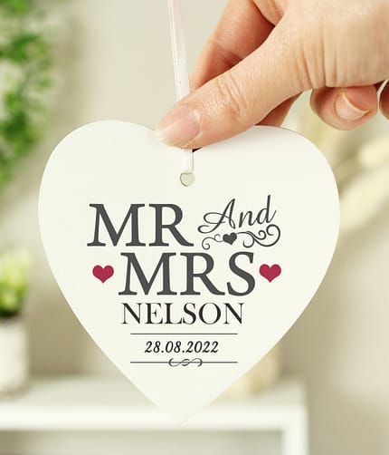 Personalised Mr & Mrs Wooden Heart Decoration - ItJustGotPersonal.co.uk