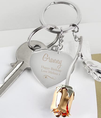 Personalised Silver Plated Swirls & Hearts Rose Gold Rose Keyring - ItJustGotPersonal.co.uk
