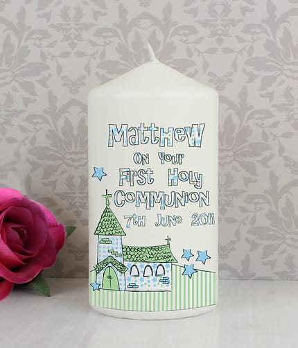 Personalised Whimsical Church Blue 1st Holy Communion Pillar Candle - ItJustGotPersonal.co.uk