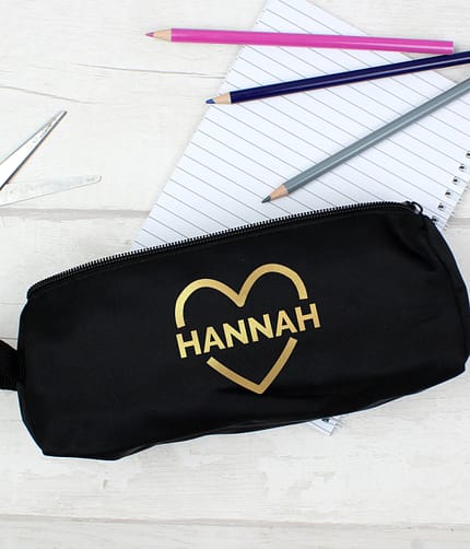 Personalised Gold Heart Black Pencil Case - ItJustGotPersonal.co.uk