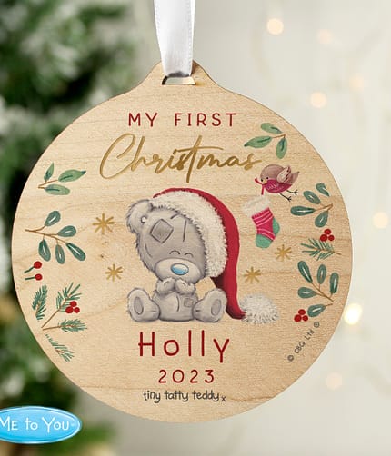 Personalised First Christmas Tiny Tatty Teddy Round Wooden Decoration - ItJustGotPersonal.co.uk