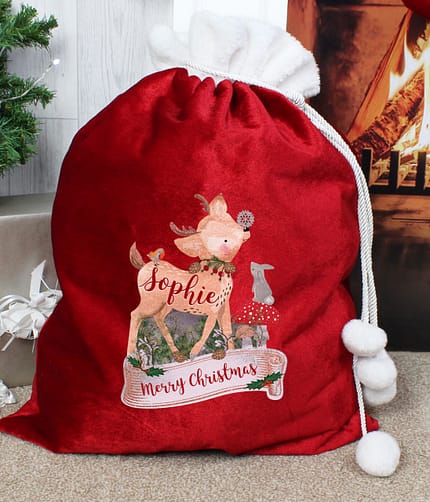 Personalised Festive Fawn Luxury Pom Pom Red Sack - ItJustGotPersonal.co.uk