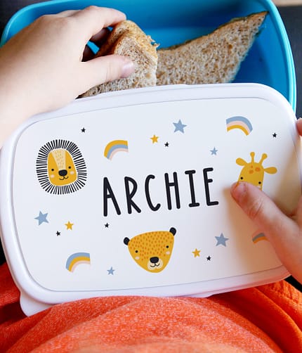 Personalised Safari Animals Name Only Blue Lunch Box - ItJustGotPersonal.co.uk