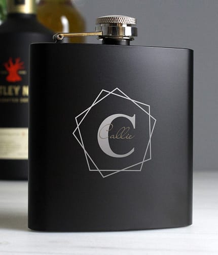 Personalised Geometric Initial Black Hip Flask - ItJustGotPersonal.co.uk