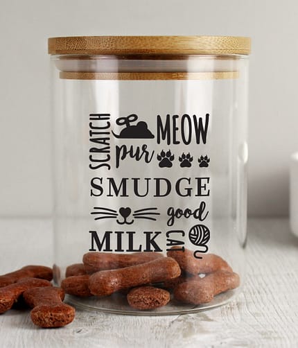 Personalised Glass Cat Treat jar with Bamboo Lid - ItJustGotPersonal.co.uk