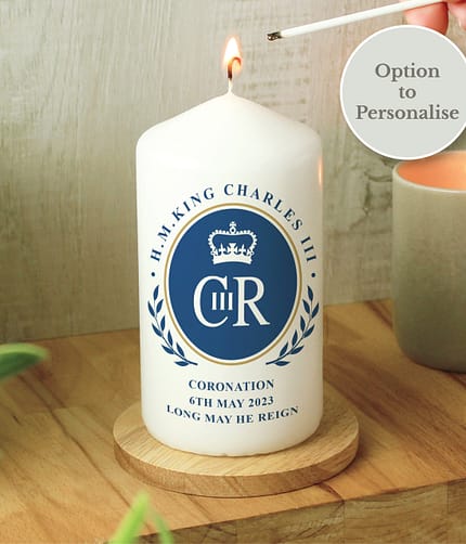 Personalised King Charles III Blue Crest Coronation Commemorative Pillar Candle - ItJustGotPersonal.co.uk