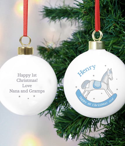 Personalised 1st Christmas Blue Rocking Horse Bauble - ItJustGotPersonal.co.uk