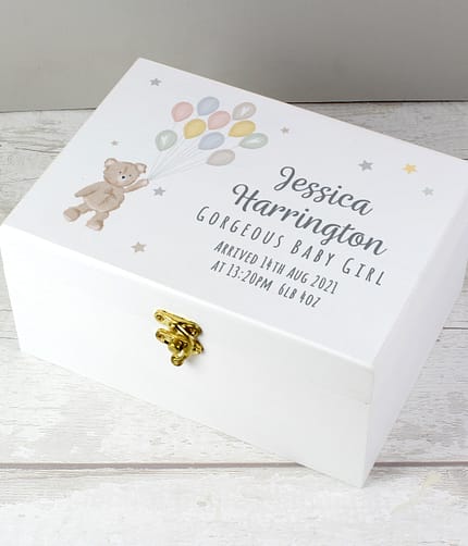 Personalised Teddy & Balloons White Wooden Keepsake Box - ItJustGotPersonal.co.uk