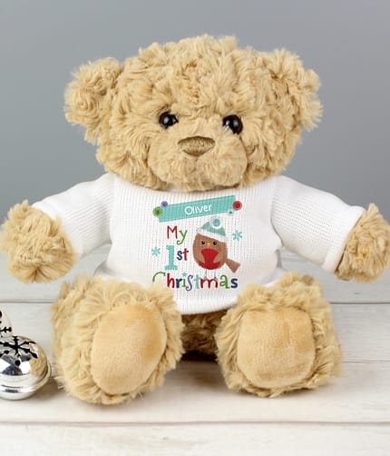 Personalised Felt Stitch Robin 'My 1st Christmas' Teddy Bear - ItJustGotPersonal.co.uk