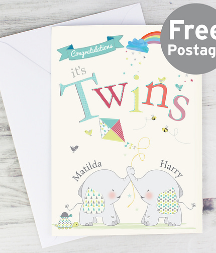 Personalised Hessian Elephant Twins Card - ItJustGotPersonal.co.uk
