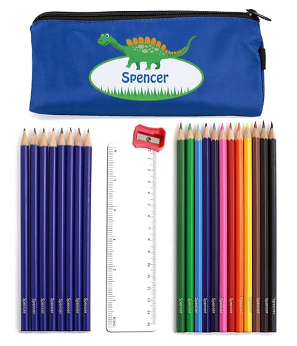 Blue Dinosaur Pencil Case with Personalised Pencils & Crayons - ItJustGotPersonal.co.uk
