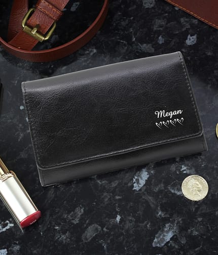 Personalised Name & Hearts Black Leather Purse - ItJustGotPersonal.co.uk