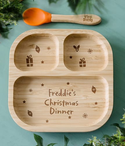 Personalised Christmas Dinner Bamboo Suction Plate & Spoon - ItJustGotPersonal.co.uk