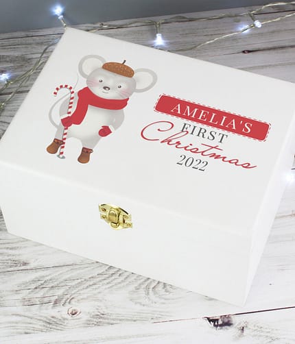 Personalised '1st Christmas' Mouse White Wooden Keepsake Box - ItJustGotPersonal.co.uk