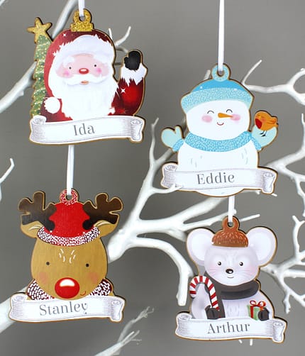 Personalised Set of Four Colourful Christmas Characters Wooden Hanging Decorations - ItJustGotPersonal.co.uk