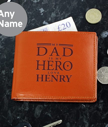 Personalised My Dad is My Hero Tan Leather Wallet - ItJustGotPersonal.co.uk
