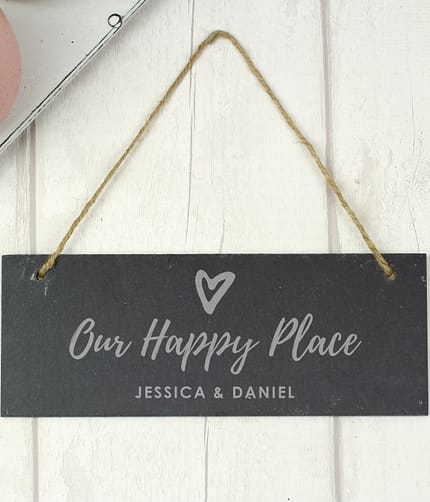 Personalised Our Happy Place Hanging Slate Plaque - ItJustGotPersonal.co.uk