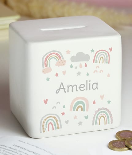 Personalised Rainbow Ceramic Square Money Box - ItJustGotPersonal.co.uk