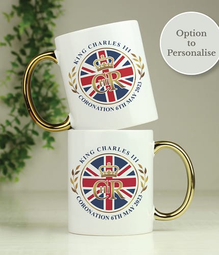 Personalised King Charles III Union Jack Coronation Commemorative Gold Handled Mug - ItJustGotPersonal.co.uk