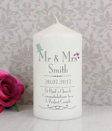 Personalised Decorative Wedding Mr & Mrs Pillar Candle - ItJustGotPersonal.co.uk