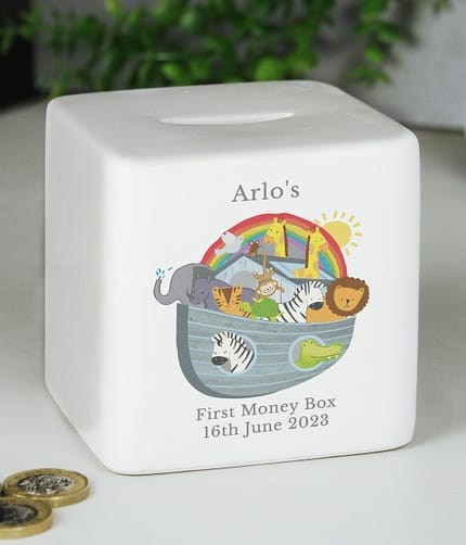 Personalised Noahs Ark Ceramic Square Money Box - ItJustGotPersonal.co.uk