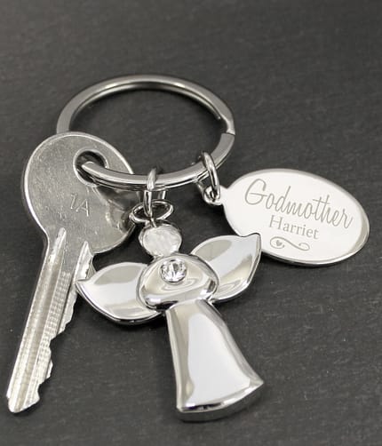 Personalised Silver Plated Swirls & Hearts Godmother Angel Keyring - ItJustGotPersonal.co.uk