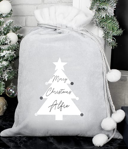Personalised Christmas Tree Luxury Silver Grey Pom Pom Sack - ItJustGotPersonal.co.uk
