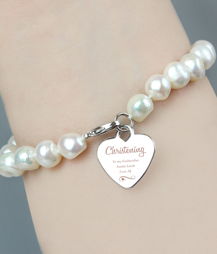 Personalised Christening Swirls & Hearts White Freshwater Pearl Bracelet - ItJustGotPersonal.co.uk