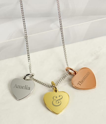 Personalised Couples Gold Rose Gold and Silver 3 Hearts Necklace - ItJustGotPersonal.co.uk