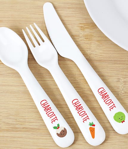 Personalised 'First Christmas Dinner' 3 Piece Plastic Cutlery Set - ItJustGotPersonal.co.uk