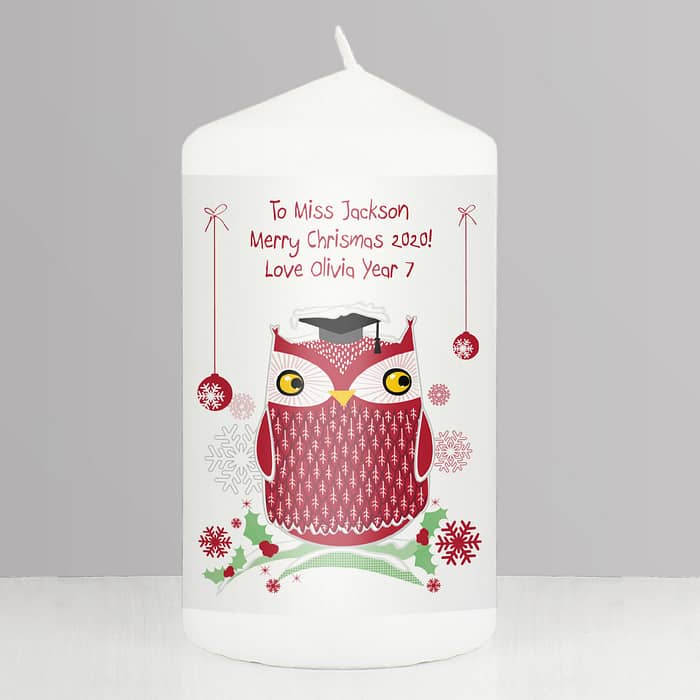 Personalised Christmas Owl Teacher Pillar Candle - ItJustGotPersonal.co.uk